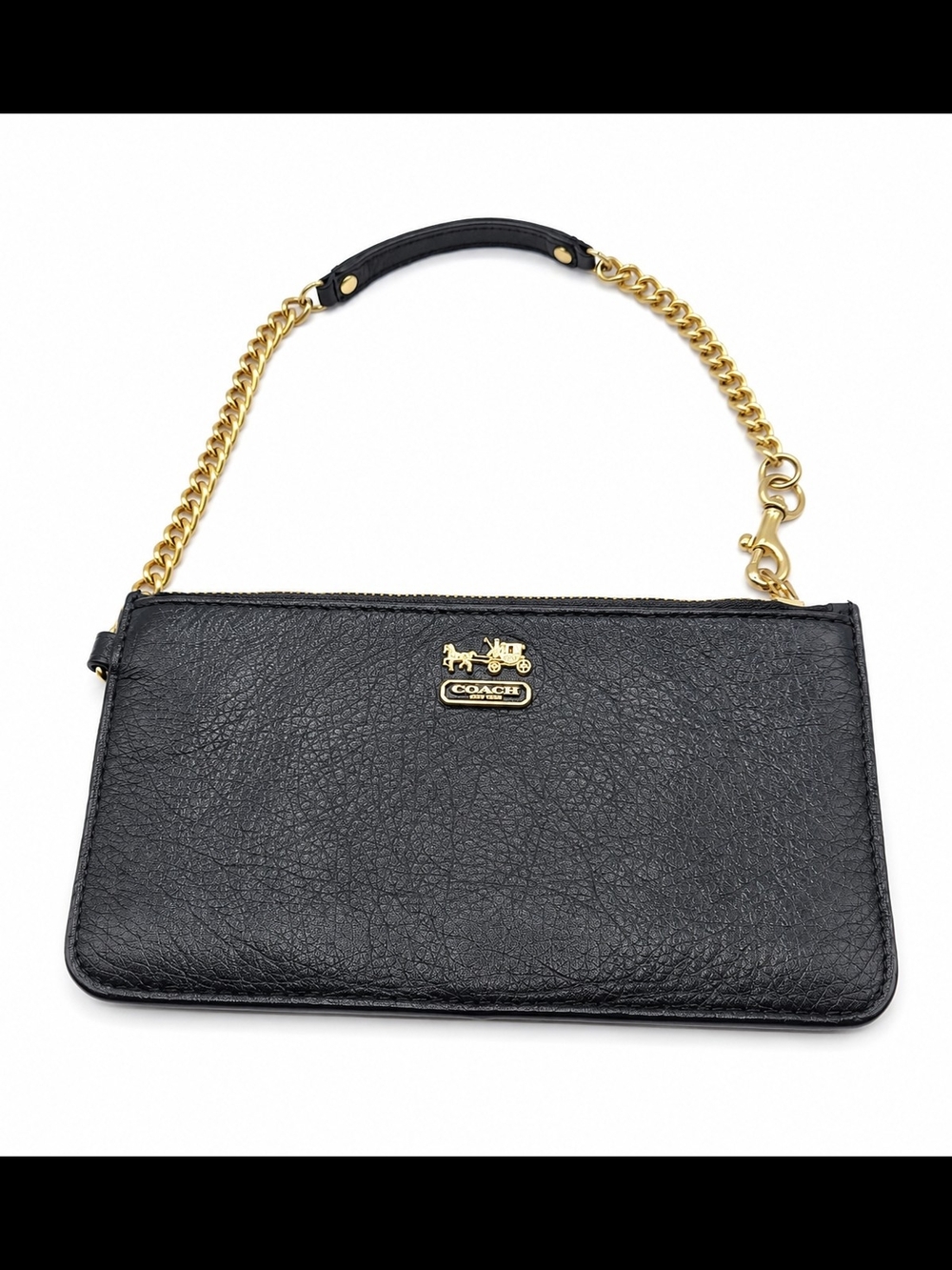 Coach Black Leather Wristlet with Gold Chain Handle